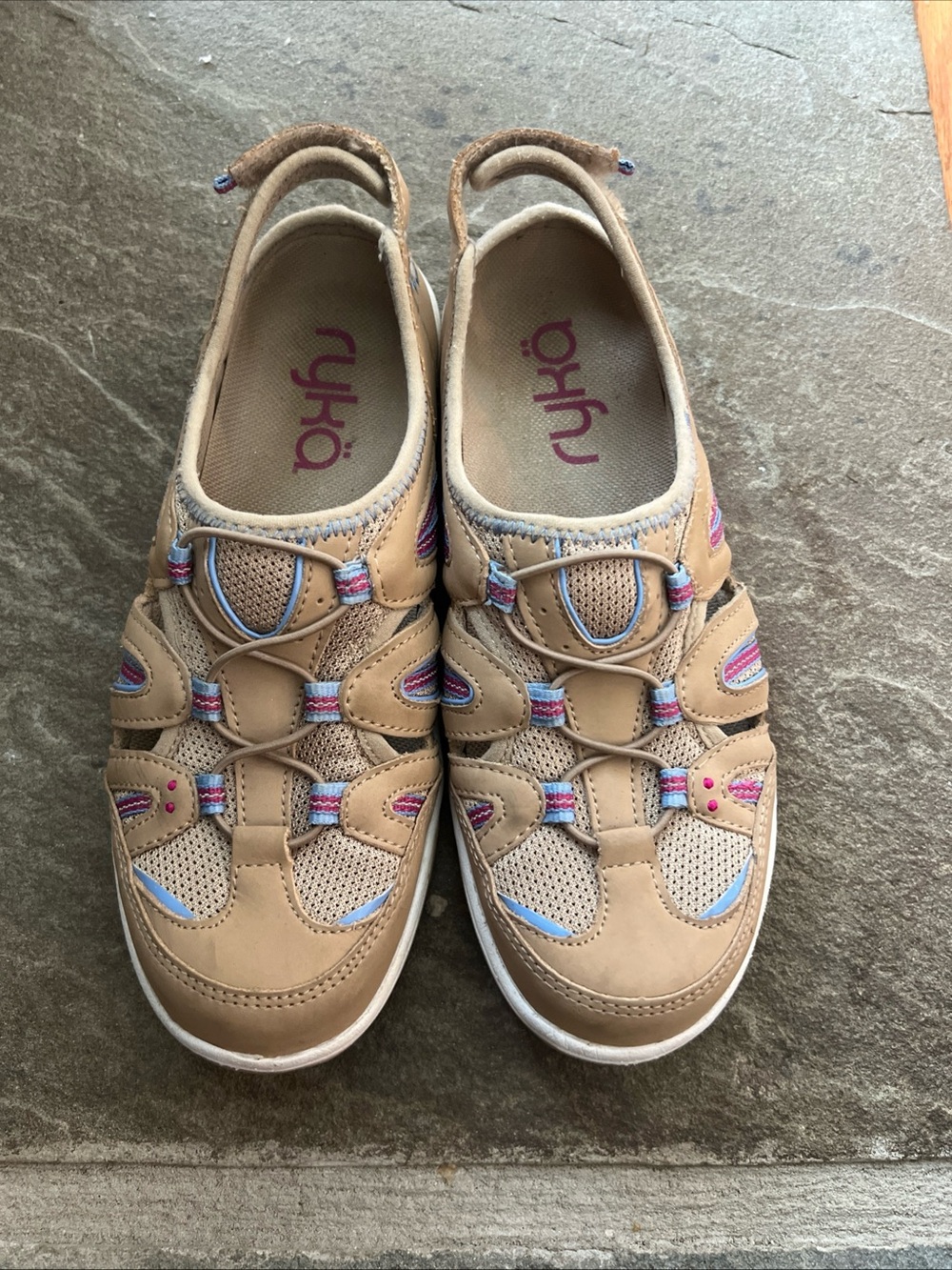 Ryka Tan Athletic Slip-On Sandals with Pink & Light Blue Accents